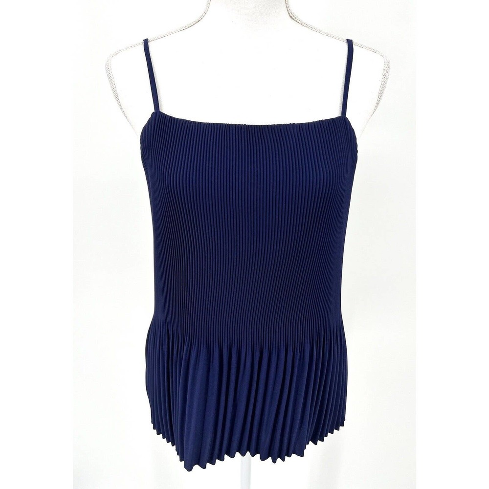 Pleated Navy Spaghetti-Strap Blouse